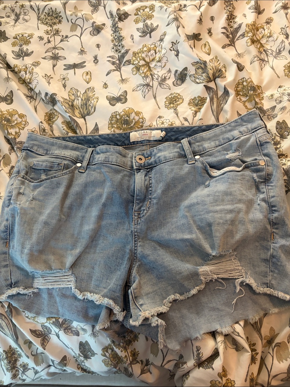 torrid light blue distressed denim cutoff shorts
